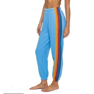 Aviator Nation Sky Blue Elastic Drawstring Waist 5 Stripe Sweatpants Sz. XL